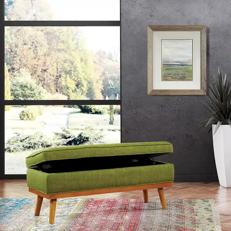 Mid-Century Storage Bench – Green / Orange / Grey / Charcoal Faux Leather / Linen, Nail-Head Trim, Single