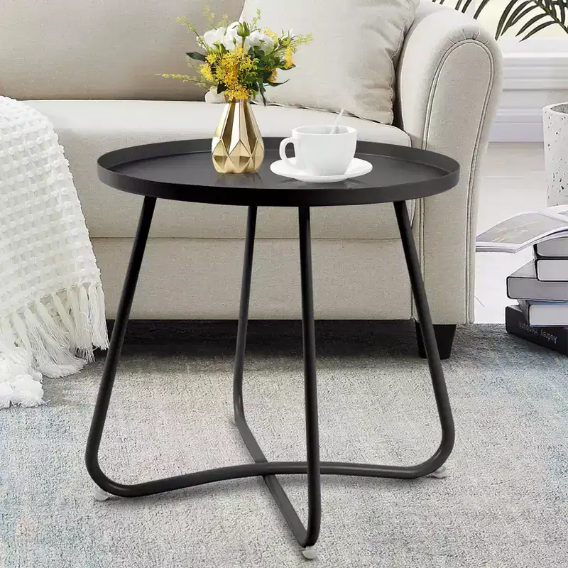 Round Metal Outdoor Side Table, End Table with X-Shaped Anti-Rust Frame and Non-Slip Tabletop