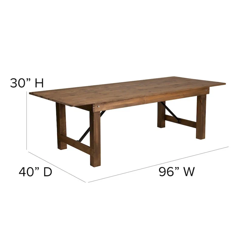 8 x 40 Rustic Folding Farm Table Set with 10 Cross Back Chairs and Cushions