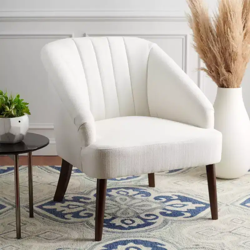 Polyester & Wood Accent Chair — White