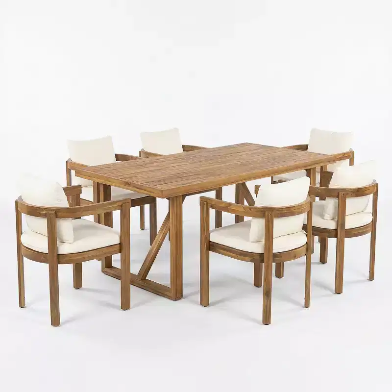 Christopher Knight Home Gruneo Modern 7 Piece Patio Acacia Dining Set with Cushion and Slatted Design