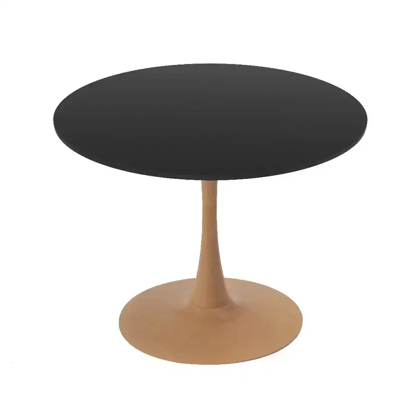 LeisureMod Bristol 27 Round Dining Table  MDF Top with Natural Wood Steel Pedestal Base, Modern Kitchen & Dining Room Accent Table for Small Spaces