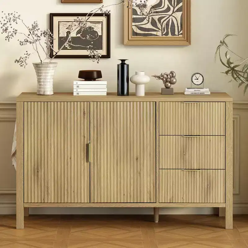 JVNOXK U-Shaped Modern Wavy 3-Drawer Sideboard with Hooks and Center Leg Storage Cabinet, Suitable for Living Rooms, Natural Finish