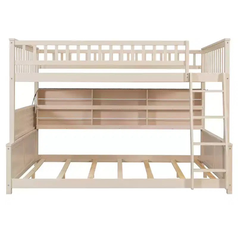 Full Xl Over Queen Low Bunk Bed With Built In Lighted Shelves And Pegboard