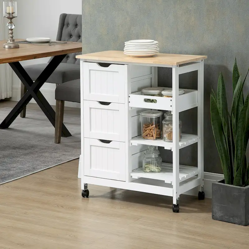 Rolling Kitchen Island Cart with Wood Top, Shelves and Drawers