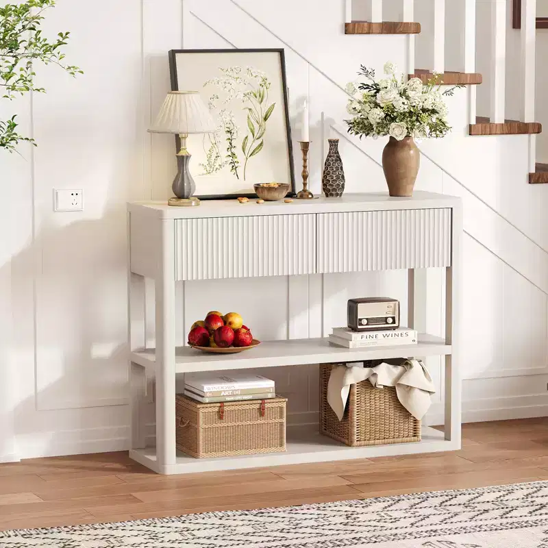 34.6 Tall Console Table with 3-Tier Shelves, Fluted Entryway Table with 2 Drawers, Wood Sofa Table Behind Couch for Entrance, Foyer, Living Room