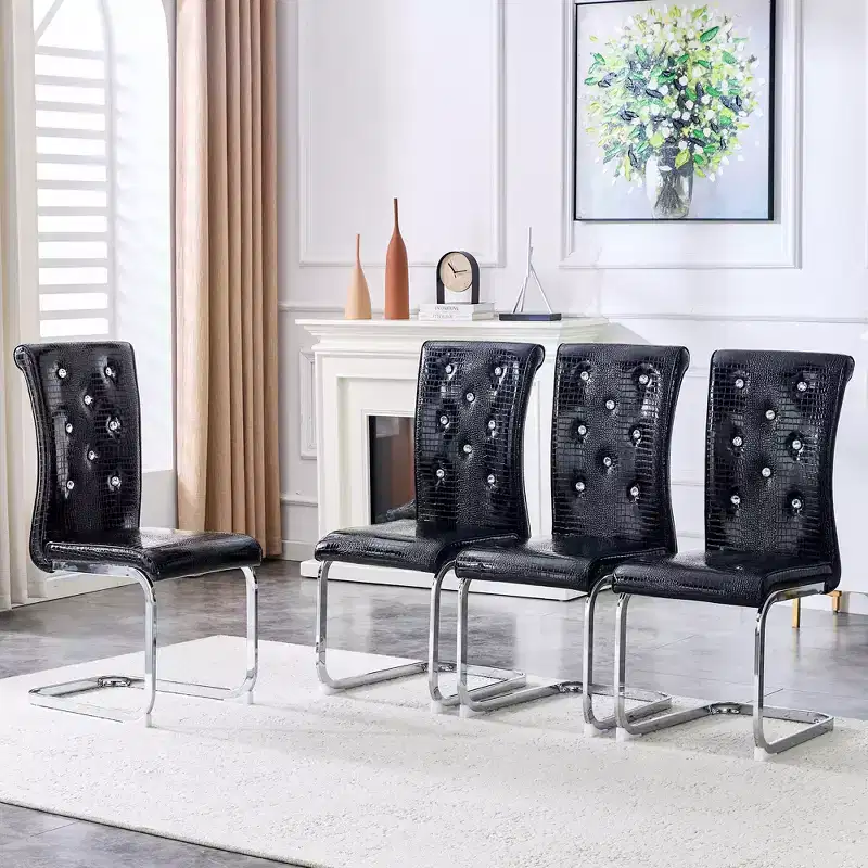 Set of 4 Retro Upholstered Dining Chairs with Alligator Skin Pattern and Crystal Buckle Details, Electroplated Metal Legs