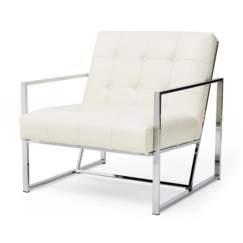 Glitzhome 30.50H Cream Mid-Century PU Leather Tufted Accent Chair with Chrome Plated Frame