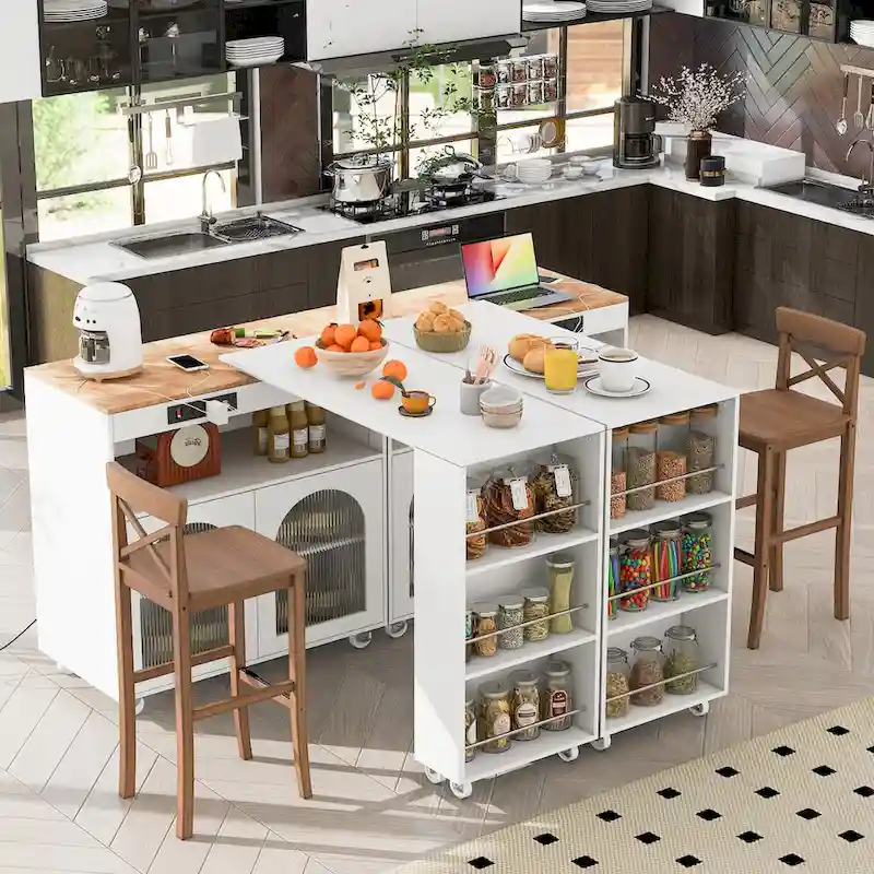 LED Lights Kitchen Island Cart With Extended Table and Power Outlets