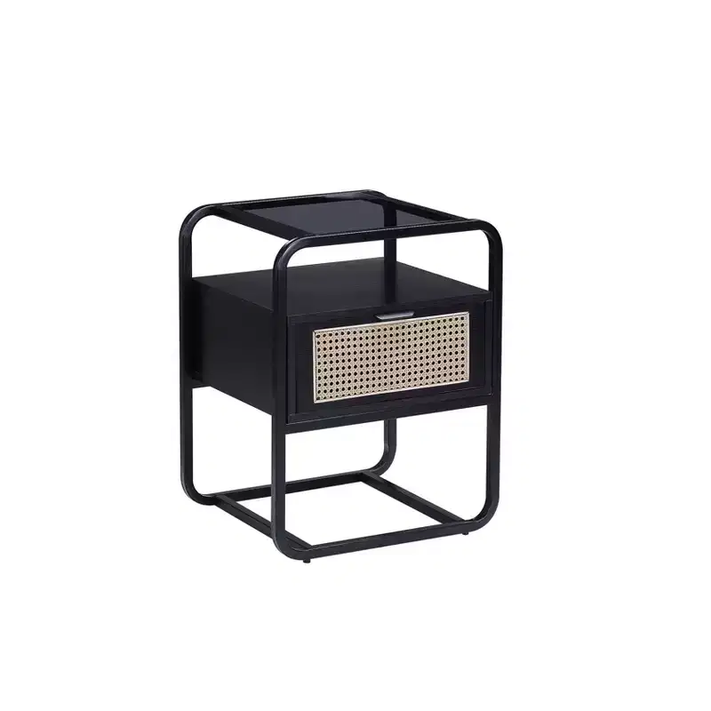 19 Inch Black Accent Table with Glass Top, Metal Frame & Storage Drawer, 24in High