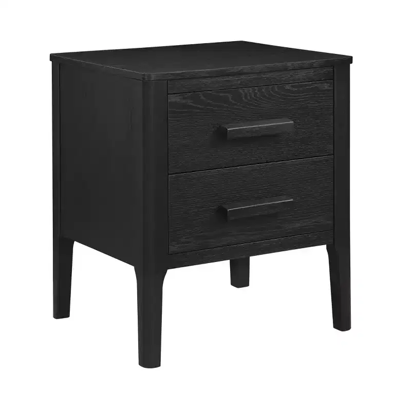 Solid Wood Mid-Century Modern 2 Drawer Side Table Black - Oak Veneer, Rubberwood Legs, Storage