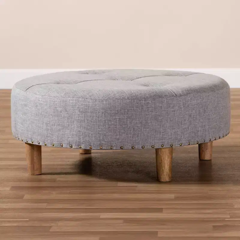 Baxton Studio Vinet Natural Wood Cocktail Ottoman Gray: Modern Upholstered Round Coffee Table, 250lb Capacity