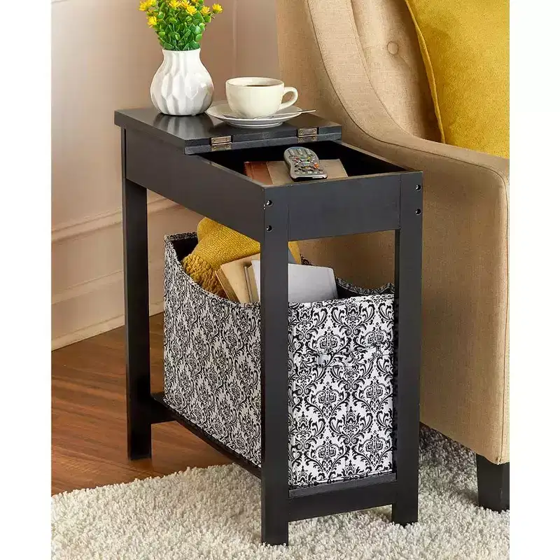 The Lakeside Collection Narrow Wood Side Table with Flip-Top and Fabric Storage Bin -
