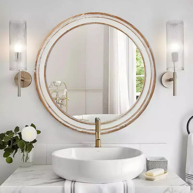 GDFStudio Amelia Farmhouse Wooden Decorative Round Wall Mirror with Whitewash Edge