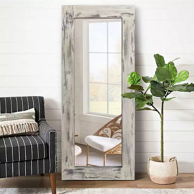 24 in. W x 58 in. H Farmhouse Rectangular Solid Wood Framed Full Length Leaning Mirror in Weathered White