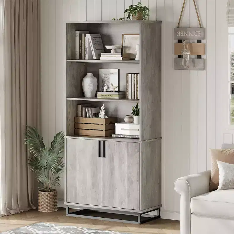70.6 Tall Bookshelf w/Doors & Metal Base, 5-Tier Bookcase with Cabinet and Adjustable Shelf, Wooden Book Shelf Farmhouse Bookcase for Living Room