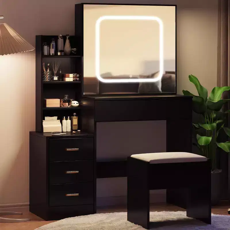 Acekool Black Sliding Mirror Vanity Desk with Adjustable Lighting, Power Outlet, and Storage Drawers for Bedroom