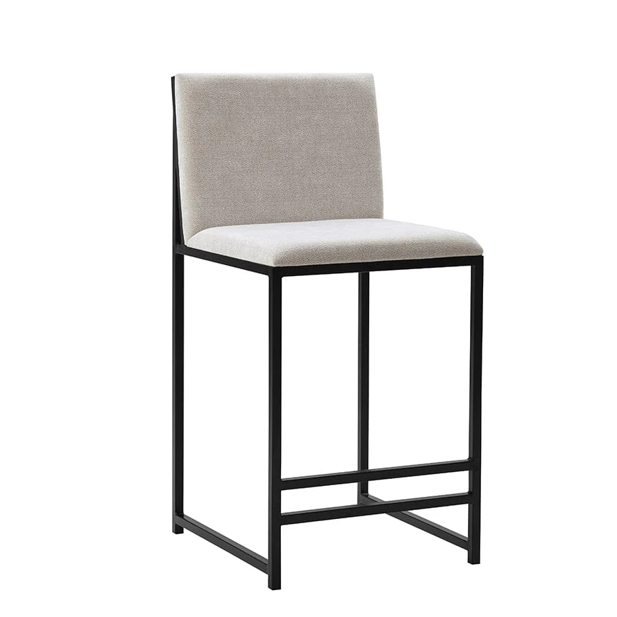 Contemporary Light Natural Chenille Barstool with Black Metal Frame for Kitchen