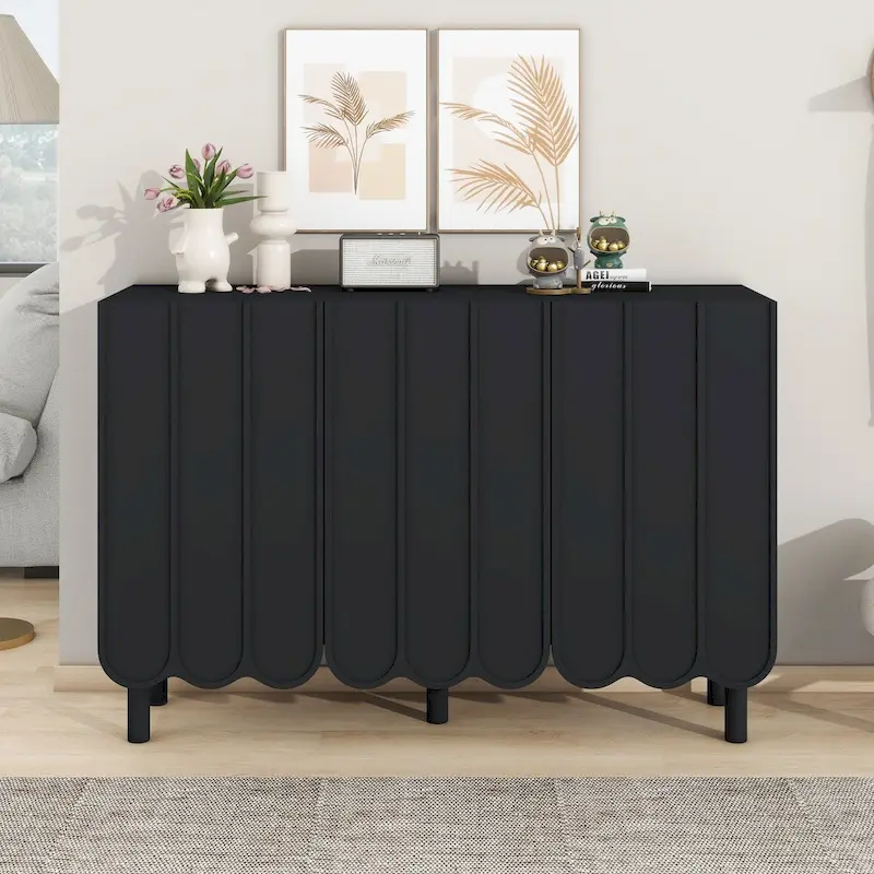 Shoe Cabinet with 5 Solid Wood Legs, Sideboard Buffet Cabinet with Adjustable Shelves, Large Storage Cabinet with Wave Doors