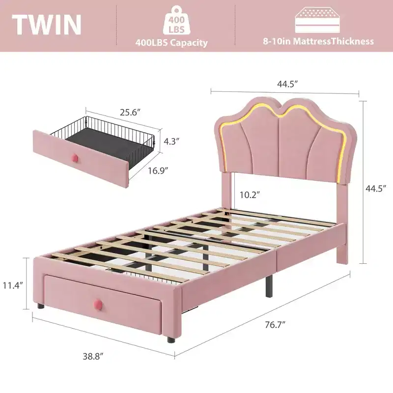 Twin Size Velvet Storage Beds with LED Lights Upholstered Platform Bed Frame with Pull-Out Drawer, No Box Spring Needed