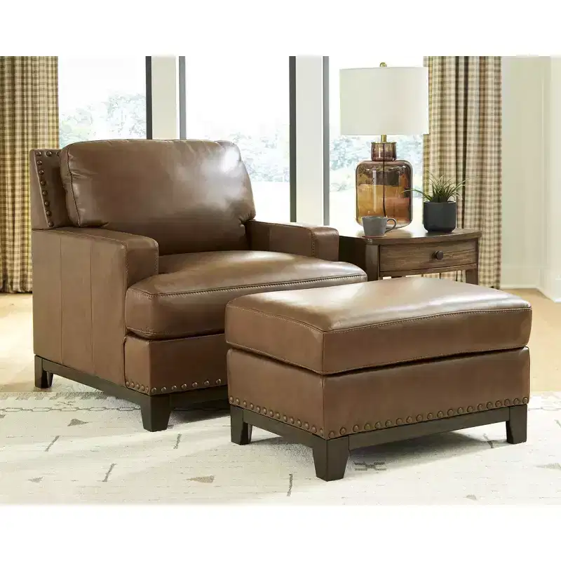 Amber Ottoman, Top Grain Leather Cushion with Nailhead Trim