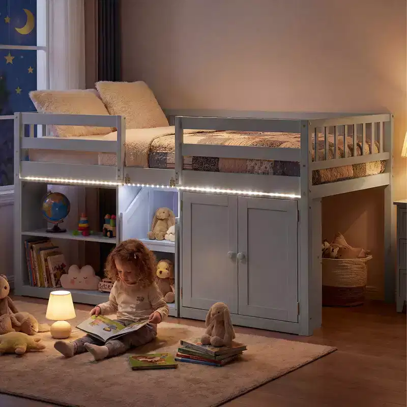 Twin Low Loft Bed with LED Light, Stairs & Guardrails, Modern Pine Wood Kids Bed, White/Mint/Gray