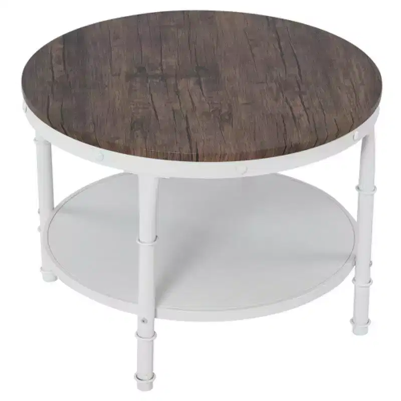 25.2in Double-layer Round Dark Walnut-colored Black-veined MDF Panel, White Wrinkled Baked Iron Frame, Industrial Style Coffee Table