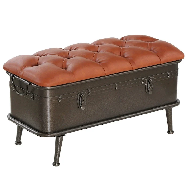 Tan Tufted Faux Leather and Distressed Metal 17-inch High Storage Bench