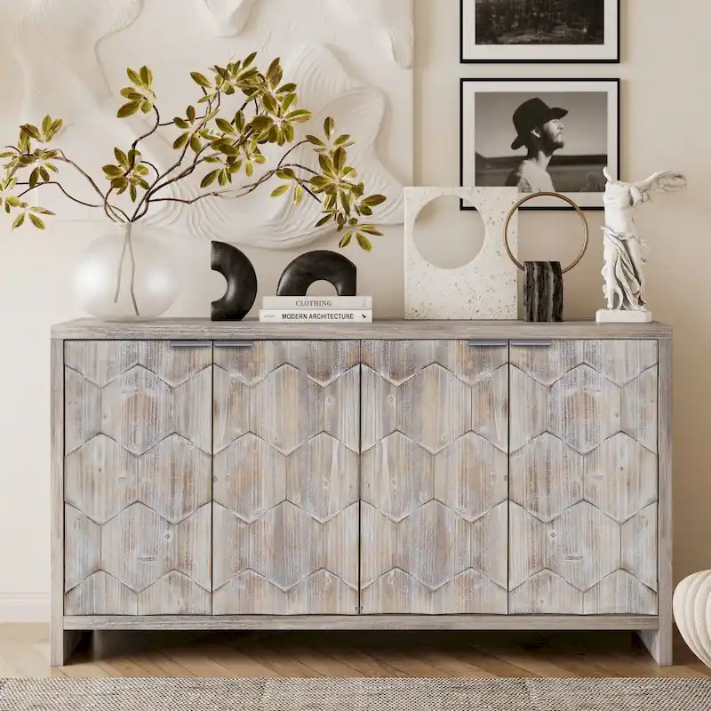 Accent Cabinet Farmhouse Style 4 Door Wooden Cabinet Sideboard Buffet Server Cabinet Storage Cabinet