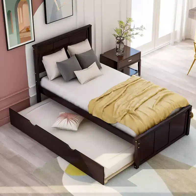 FAMYYT Twin Size Platform Bed With Space-saving Trundle, Easy Assembly, Espresso
