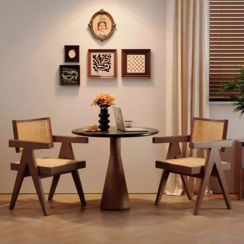 JVNOXK Modern Mid Century Dining Chairs Set of 2, Rattan Accent Chairs, Comfy Armchairs, Outdoor Wood Chairs with Armrest for Bedroom, Brown