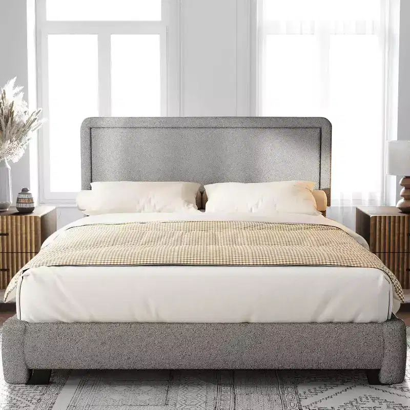 Boucle Bed Frame, Gray Upholstered Teddy Fabric Bed Frame with Headboard, Adjustable Headboard, Easy Assembly