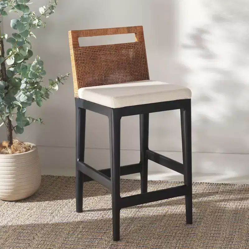 Counter Stool with Rattan Mesh Back, Hardwood Frame, Padded Seat, 275 lb, 23.75