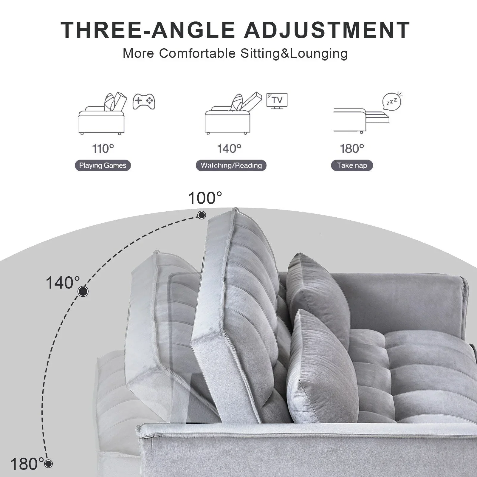 Modern Pull-Out Couch Bed, 3-in-1 Sleeper Sofa with Adjustable Backrest, Velvet Loveseat, Pillows & Side Pockets