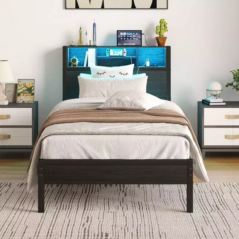 GDFStudio Kian Modern Twin Size Metal Platform Bed Frame with Storage Headboard, Charging Station and LED Lights