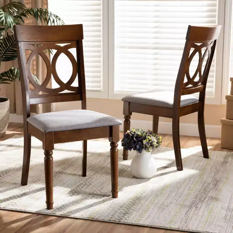 Set of 2 Fabric and Wood Dining Chairs, Gray Upholstery, Walnut Finish, Cut-Out Back