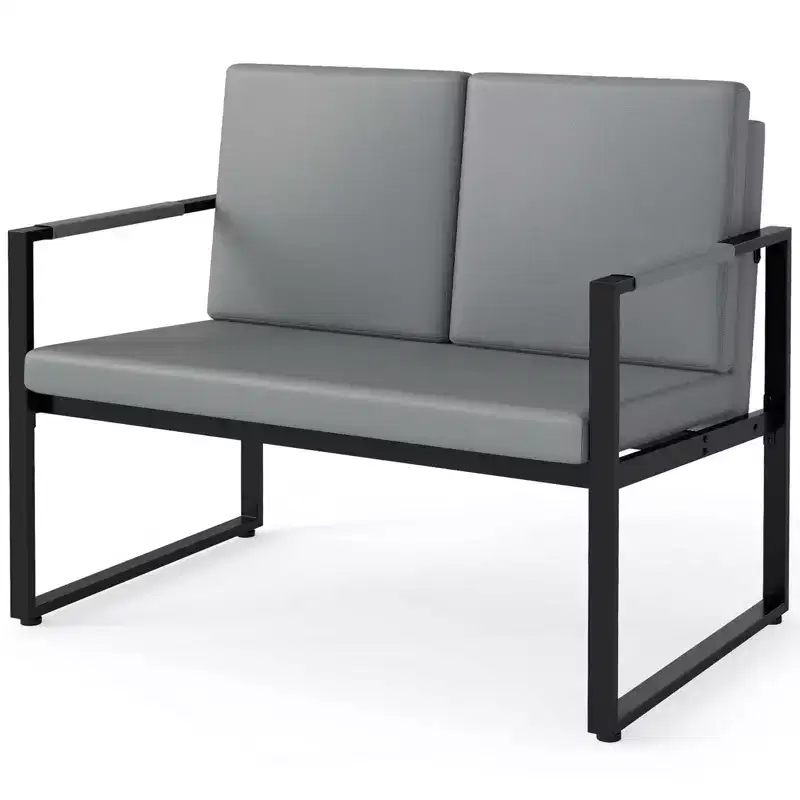 Modern 2-Seater Loveseat Sofa with Solid Metal Frame & Removable Back Cushions, Brown/Gray + Black