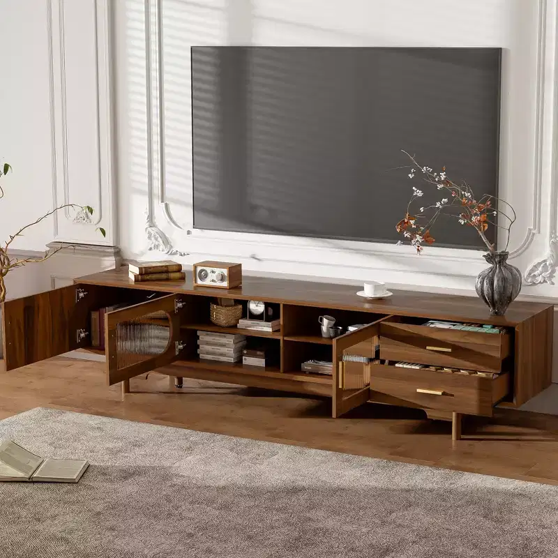 TV Stand for TVs Up to 85, Mid-Century Modern TV Cabinet Media Console Entertainment Center with Fluted Glass Doors & 2 Drawers, Walnut - ModernLuxe