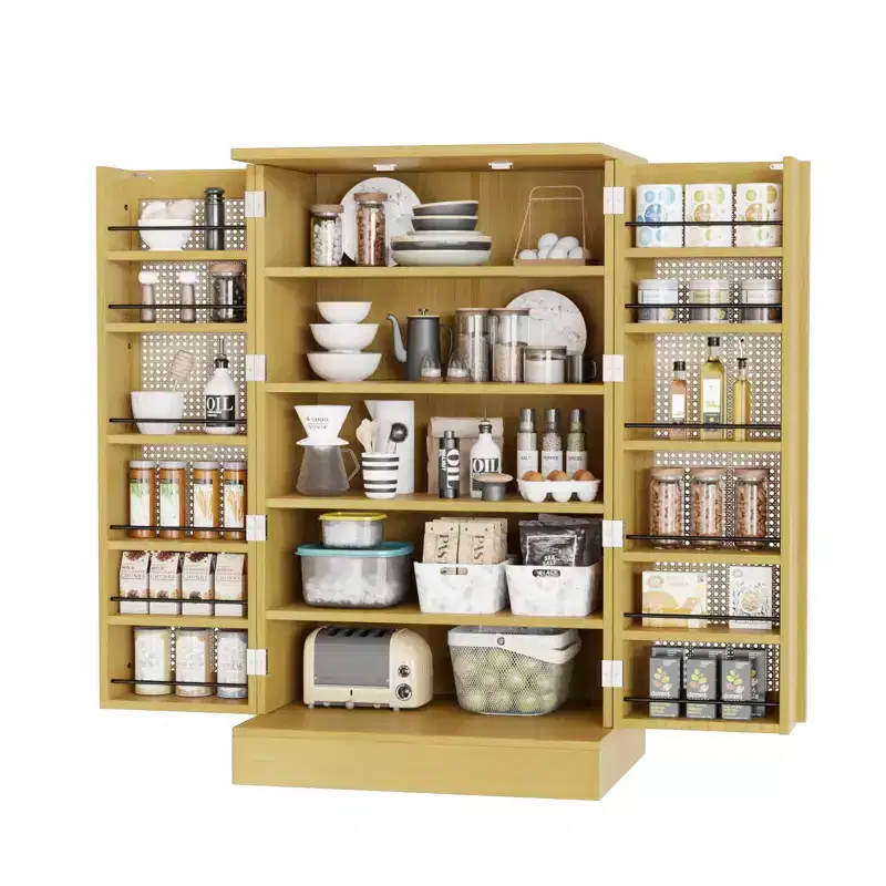 VINGLI Pantry Cabinet, Rattan Kitchen Storage Cabinet with 2 Doors and Adjustable Shelves, 40.5 H Food Storage Freestanding Cupboard in Dining Room