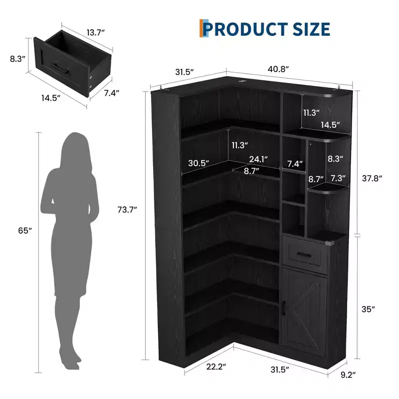 Corner Bookshelf, L Shaped Bookcase with Drawer & Cabinets, 6-Tier Storage Bookshelf with Open Shelves, for Living Room Home Office Bedroom