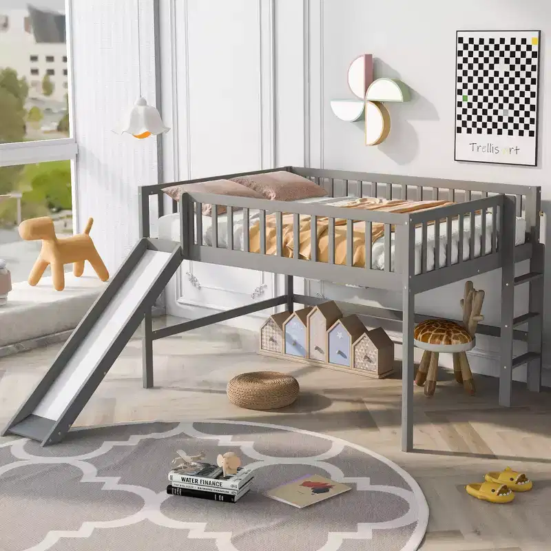 Low Loft Bed with Slide, Kids WoodenLoft Bed Frame with High Guardrail for Girls Boys