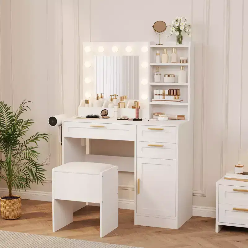 Vanity Desk with Mirror, Makeup Vanity Set with Chair, 3 Light Mode & Brightness Adjusted, Power Outlet, Bedroom Dressing Table with Hairdryer Holder