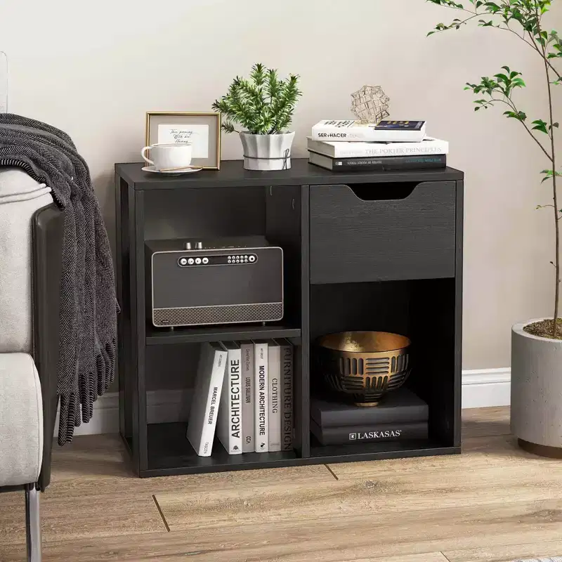 Costway 1/2 PCS 3-Cube Bookcase Organizer with 2-tier Wooden Storage Shelf & Pull-out Drawer Black/White