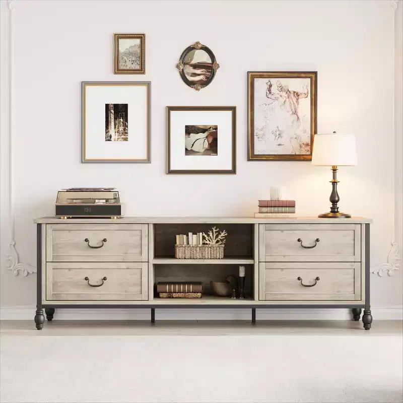 TV console with storage, mid-century modern TV unit featuring 4 metal Roman columns and 4 drawers, perfect for the living room.