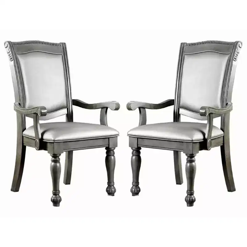 Set of 2 Hampton Style Wooden Arm Chairs with Leatherette Cushions, Gray