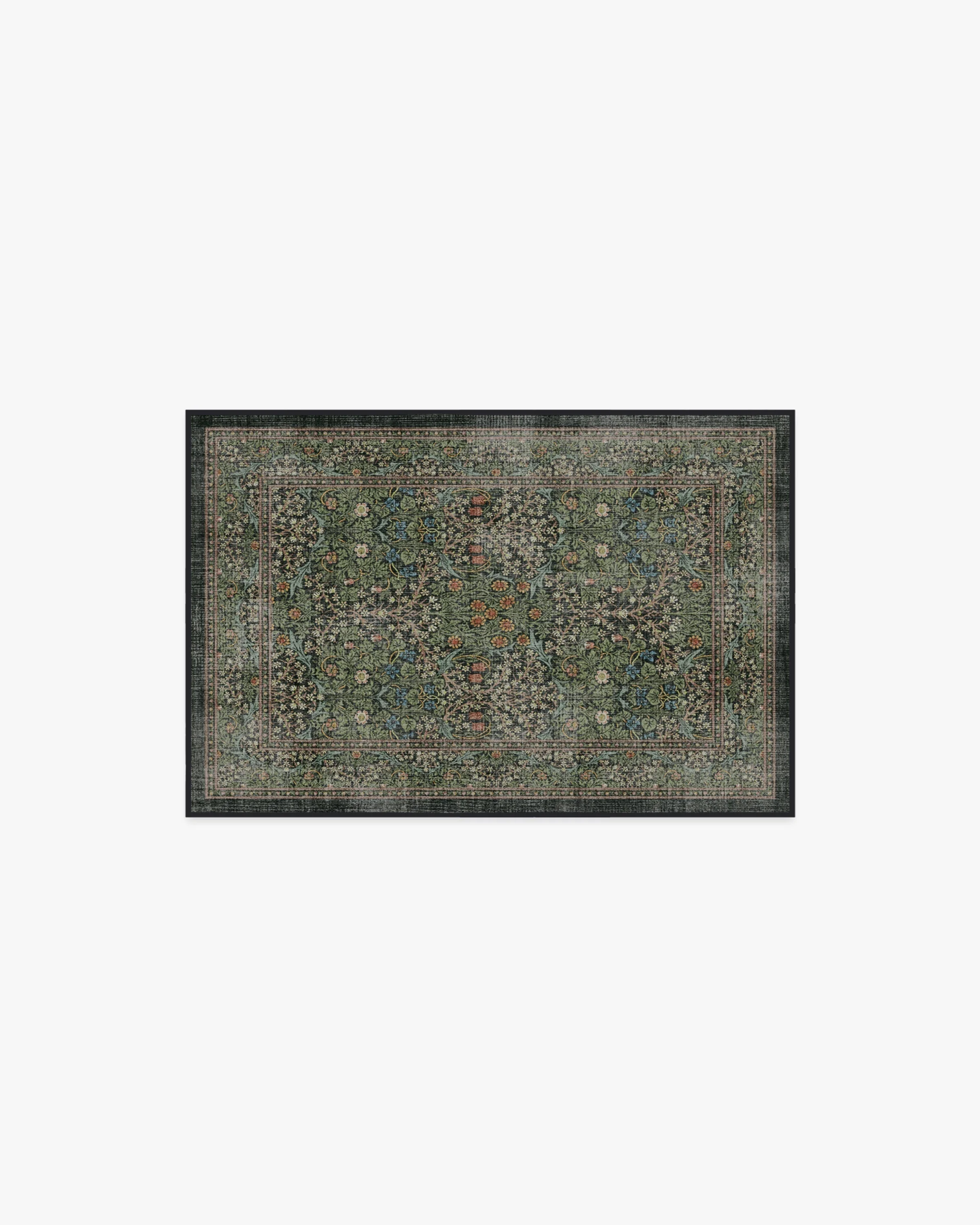 British Arts & Crafts Flatwoven Rug with Washable Forest Green Botanical Vine Pattern for Living Room & Study