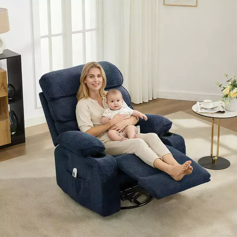 360 Swivel Massage Rocker Recliner with Heat, Linen Glider Chair for Adults, Side Pocket & 2 Cup Holders  Living Room & Bedroom Comfort