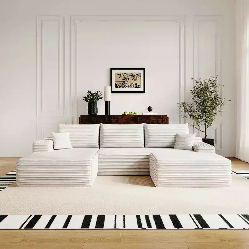 MAYEERTY 107 White L-Shape Cloud Sectional, Plush Corduroy Modular Sofa, No Assembly