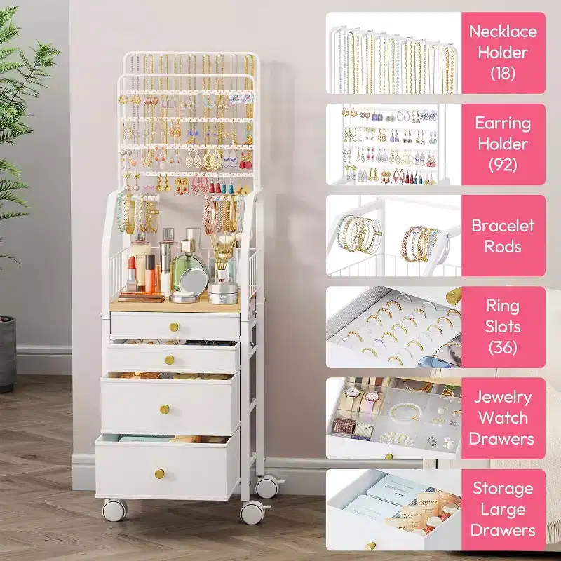 Large Jewelry Organizer Stand,Multifunctional Tower for Necklace Earring Ring Bracelet,Movable Holder with 4 Nonwoven Drawers for Bedroom,White