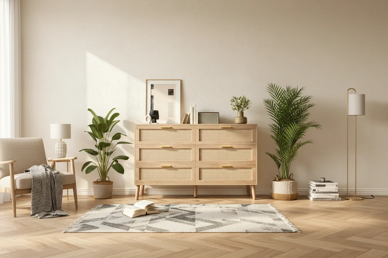 47 Rattan 6-Drawer Dresser - Mid Century Modern Storage Chest for Bedroom & Living Room